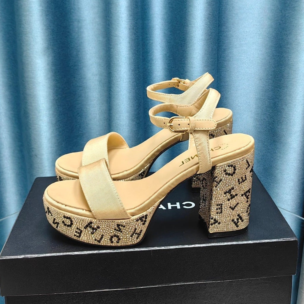 Chanel Chunky Heel Rhinestone High Sandals Beige Cream Lambskin