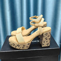 Chanel Chunky Heel Rhinestone High Sandals Beige Cream Lambskin
