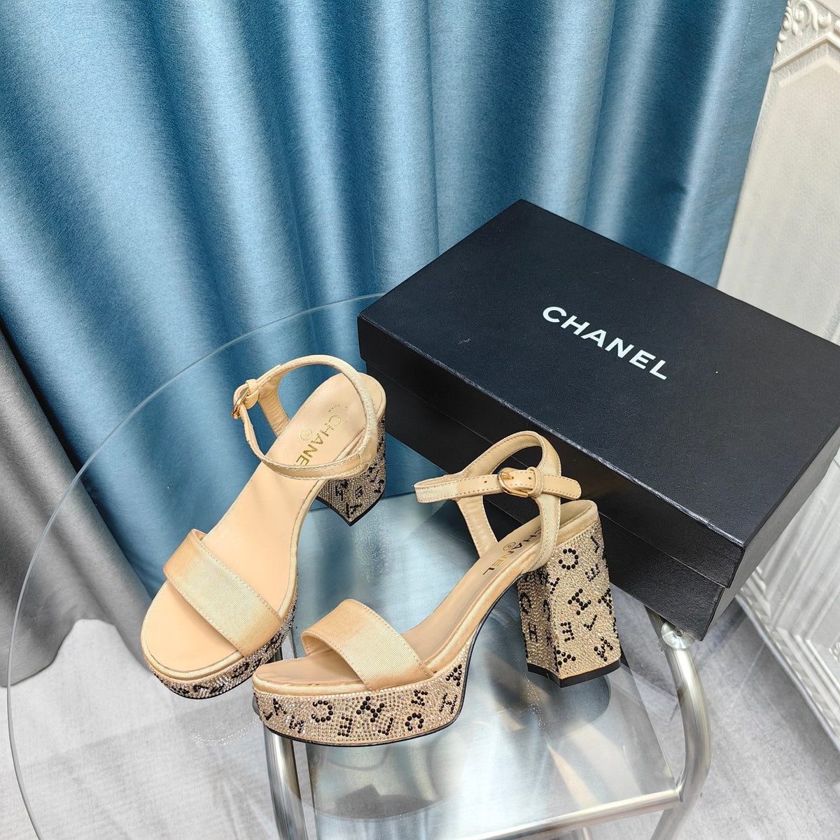Chanel Chunky Heel Rhinestone High Sandals Beige Cream Lambskin