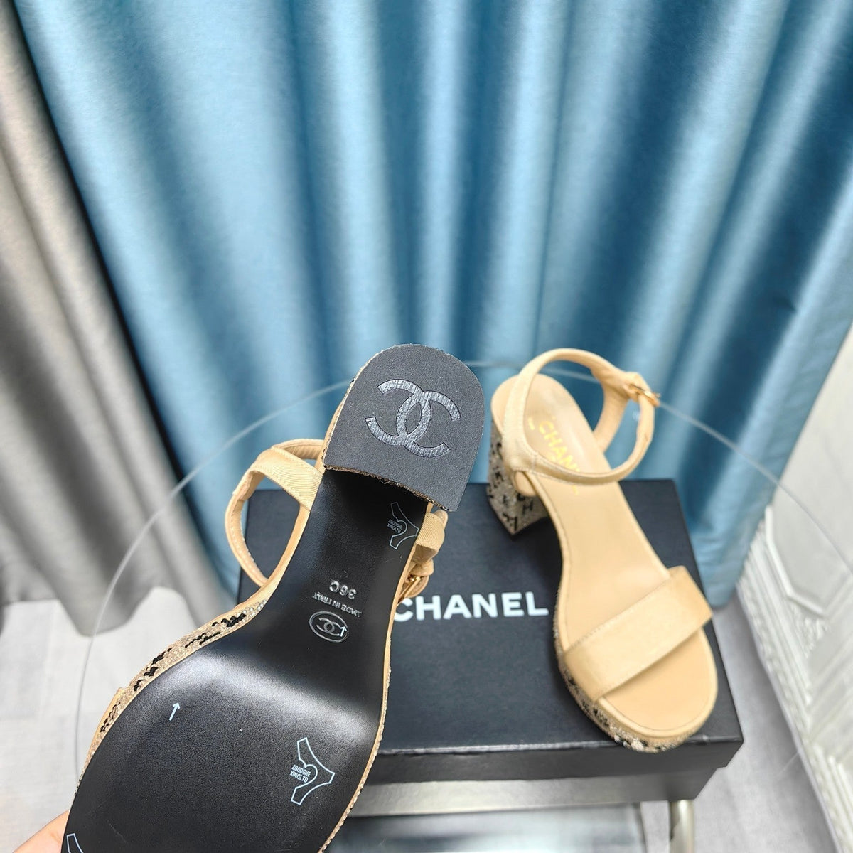 Chanel Chunky Heel Rhinestone High Sandals Beige Cream Lambskin