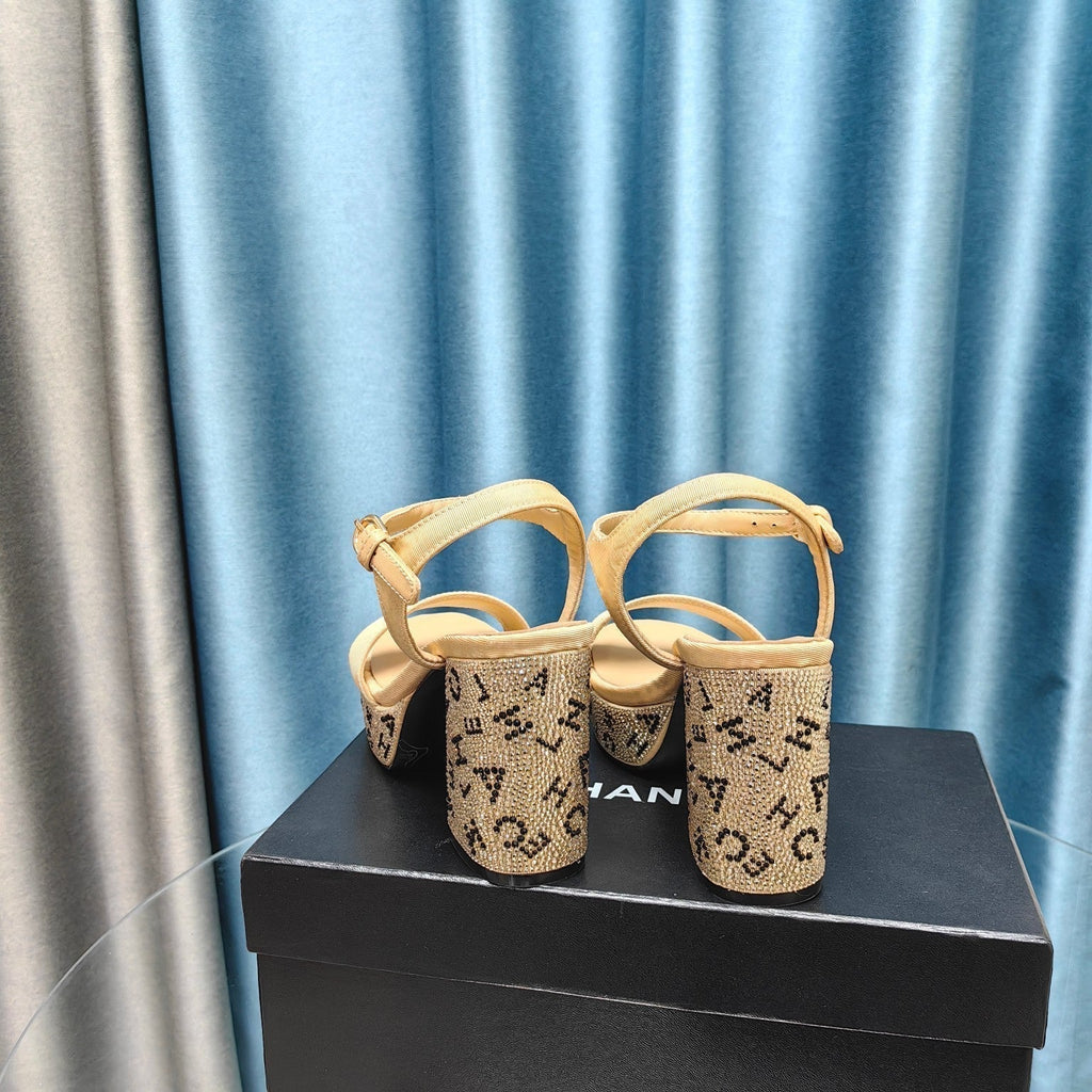 Chanel Chunky Heel Rhinestone High Sandals Beige Cream Lambskin