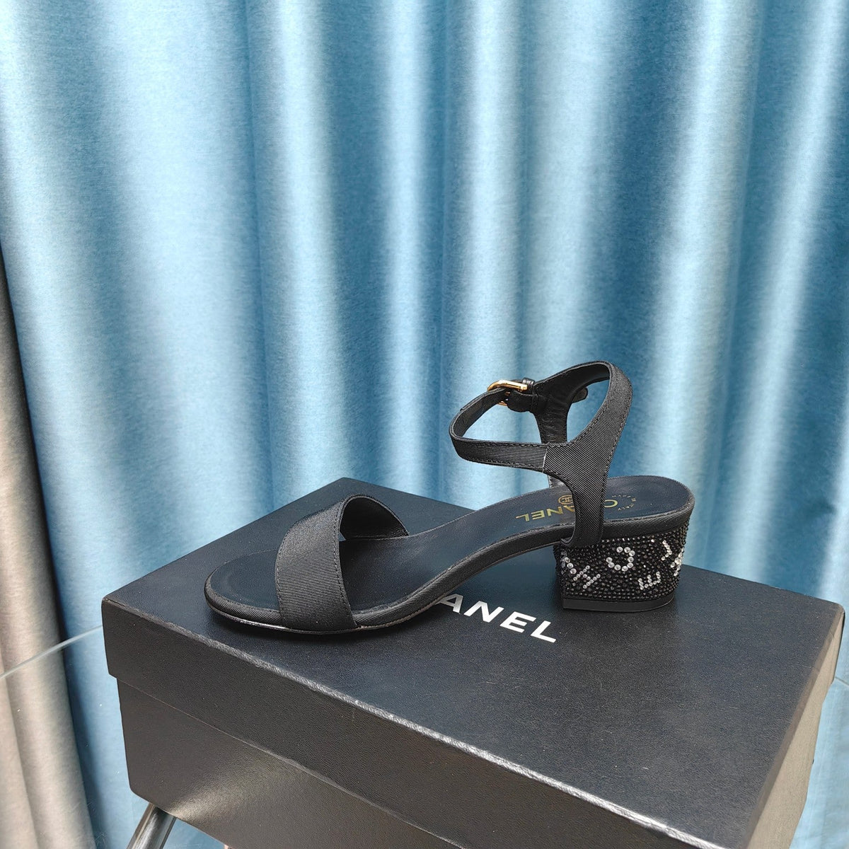 Chanel Chunky Heel Rhinestone Sandals Black Lambskin