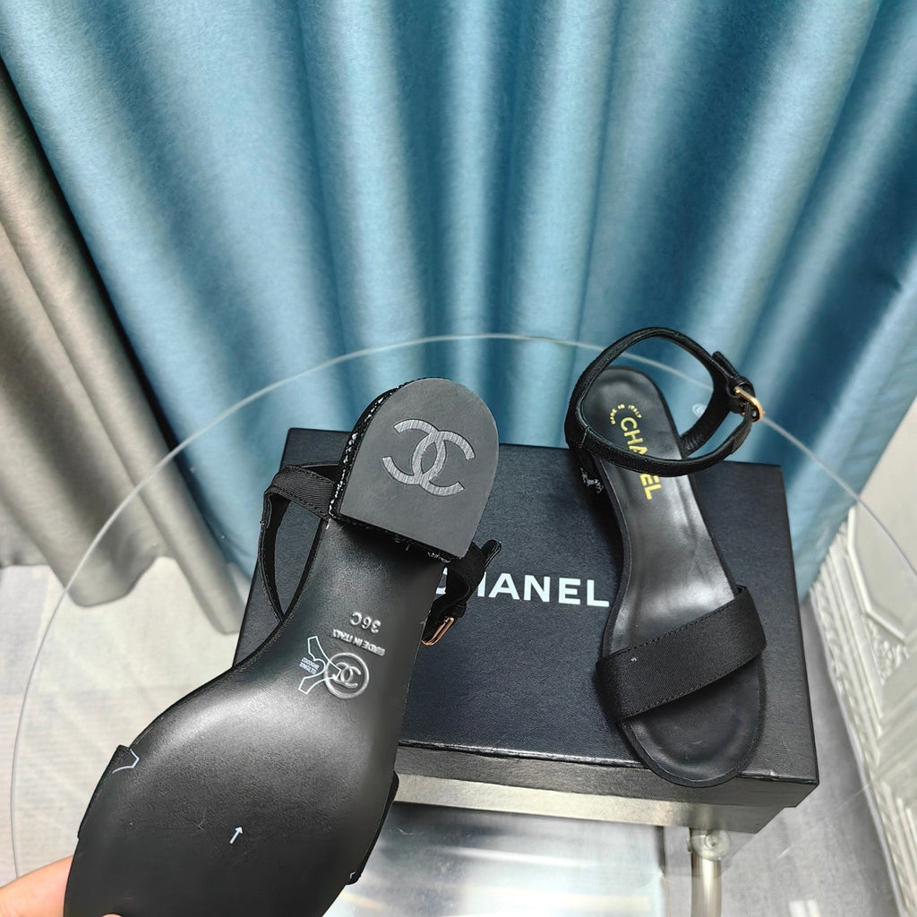 Chanel Chunky Heel Rhinestone Sandals Black Lambskin