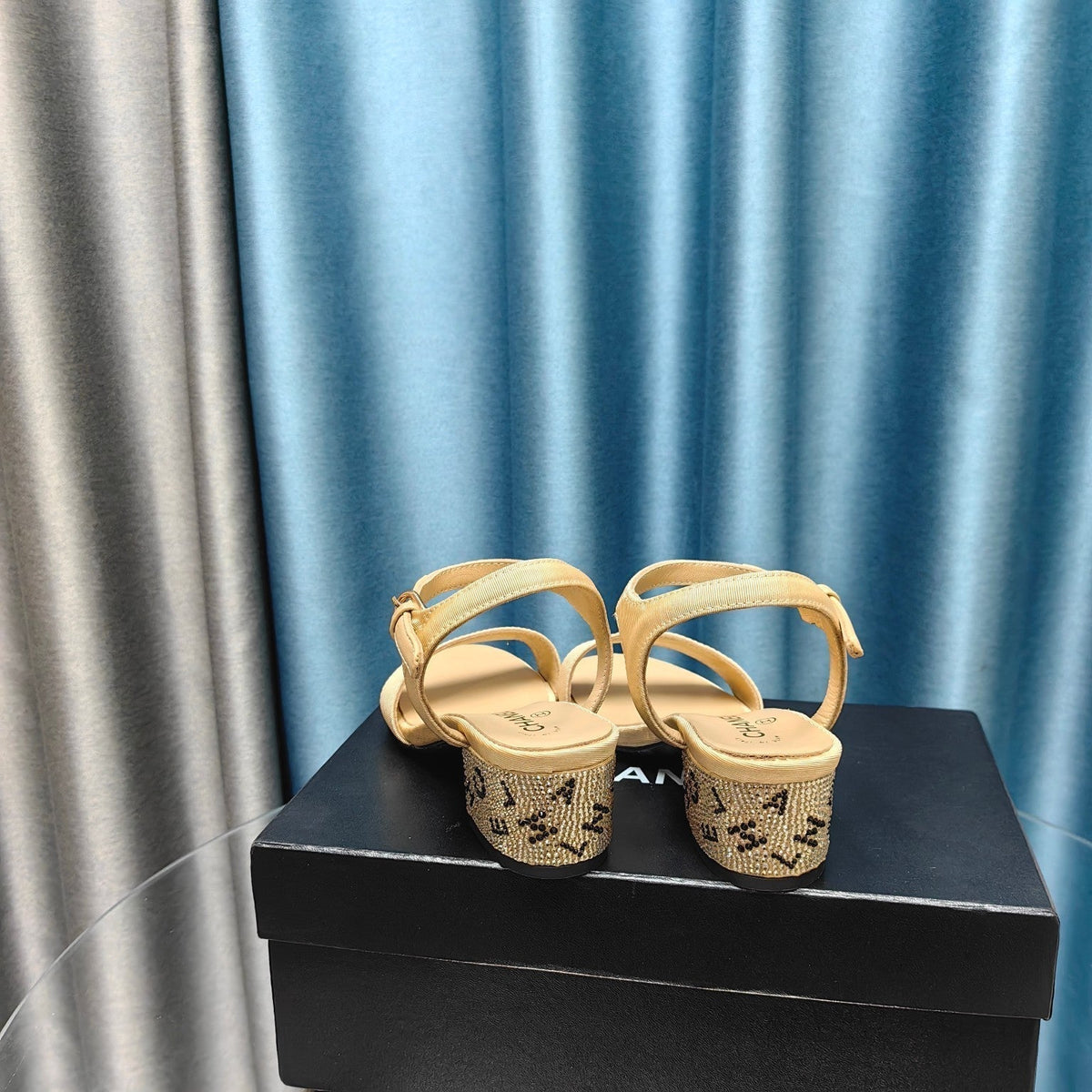 Chanel Chunky Heel Rhinestone Sandals Beige Cream Lambskin