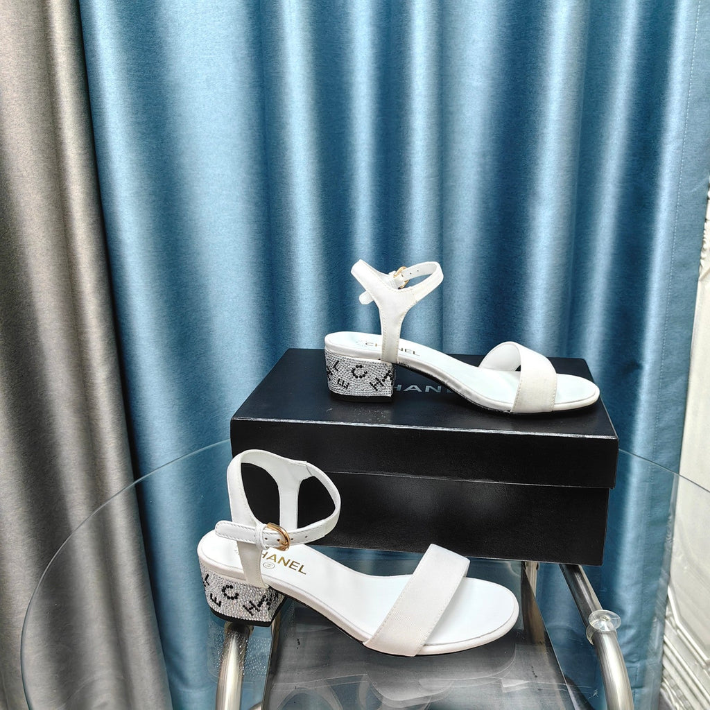 Chanel Chunky Heel Rhinestone Sandals White Lambskin