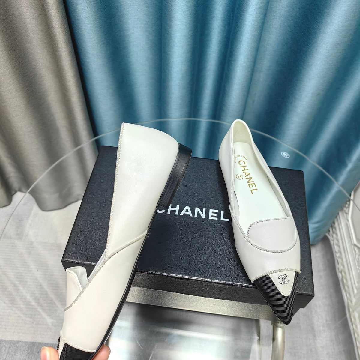 Chanel Ballet Flat White Mix Black Sheepskin Pointed Toe