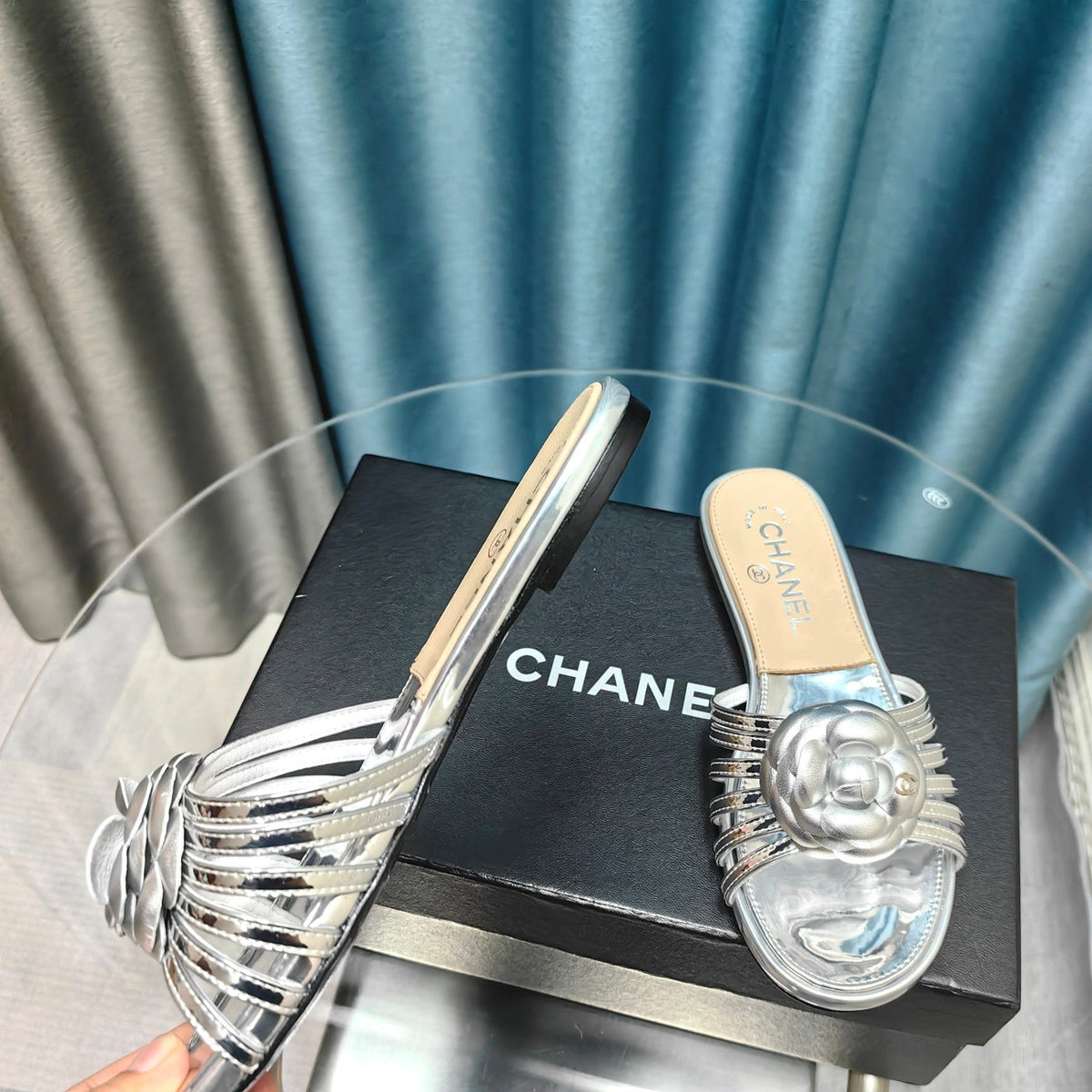 Chanel Camellia Slide Slippers Silver Lambskin