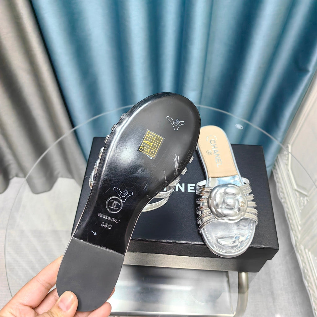 Chanel Camellia Slide Slippers Silver Lambskin