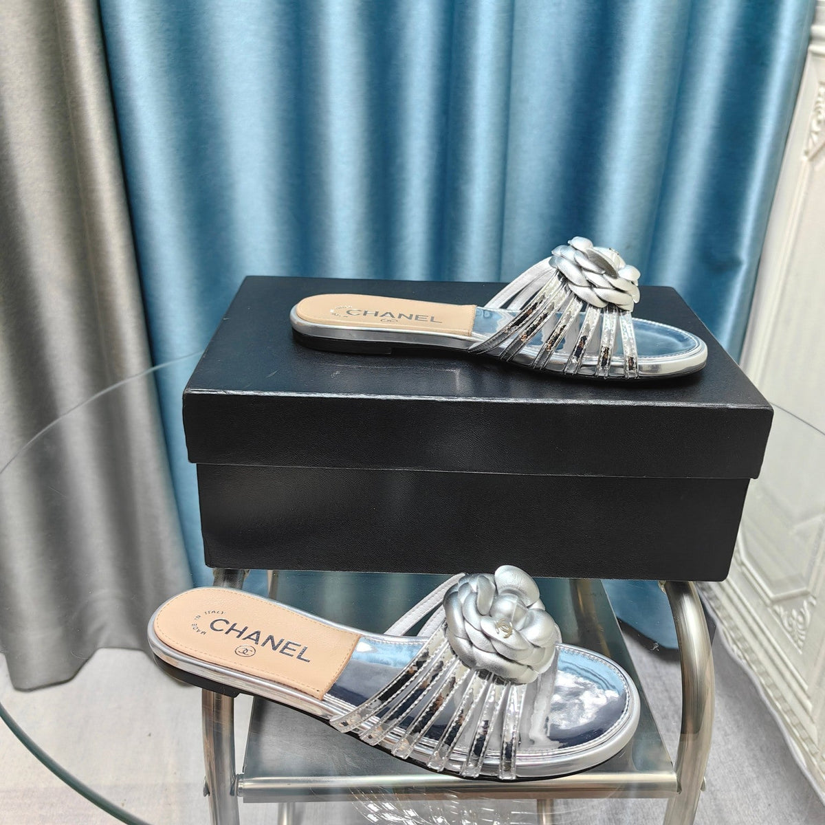 Chanel Camellia Slide Slippers Silver Lambskin
