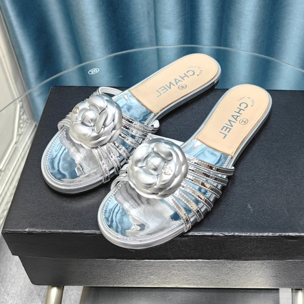 Chanel Camellia Slide Slippers Silver Lambskin