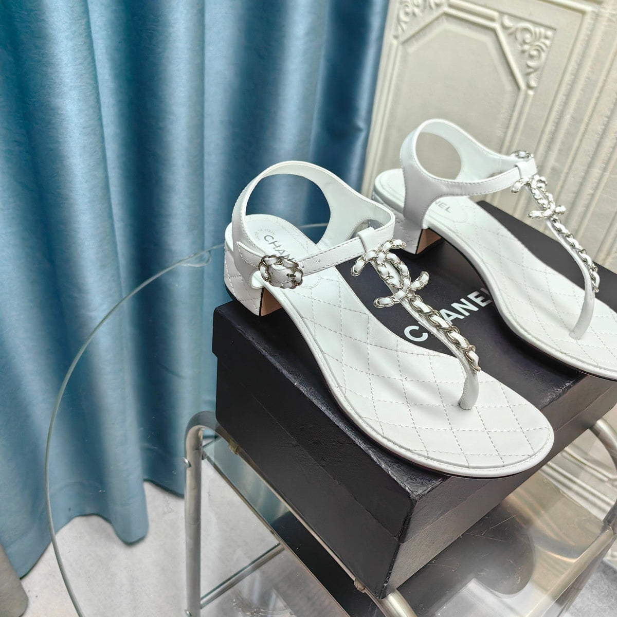 Chanel Classic Thong Sandals White Lambskin with Pearl Buckle