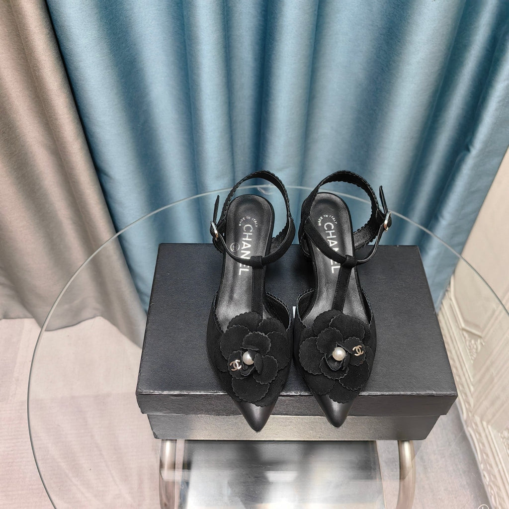 Chanel Camellia Sandal in Black Suede and Calfskin with Flower