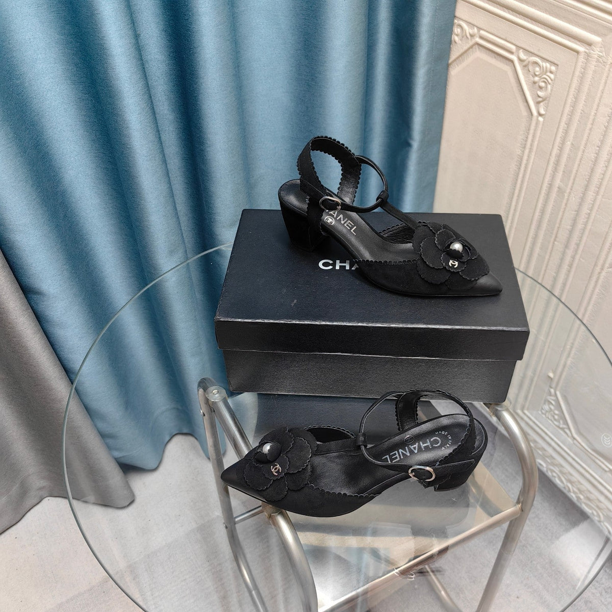 Chanel Camellia Sandal in Black Suede and Calfskin with Flower