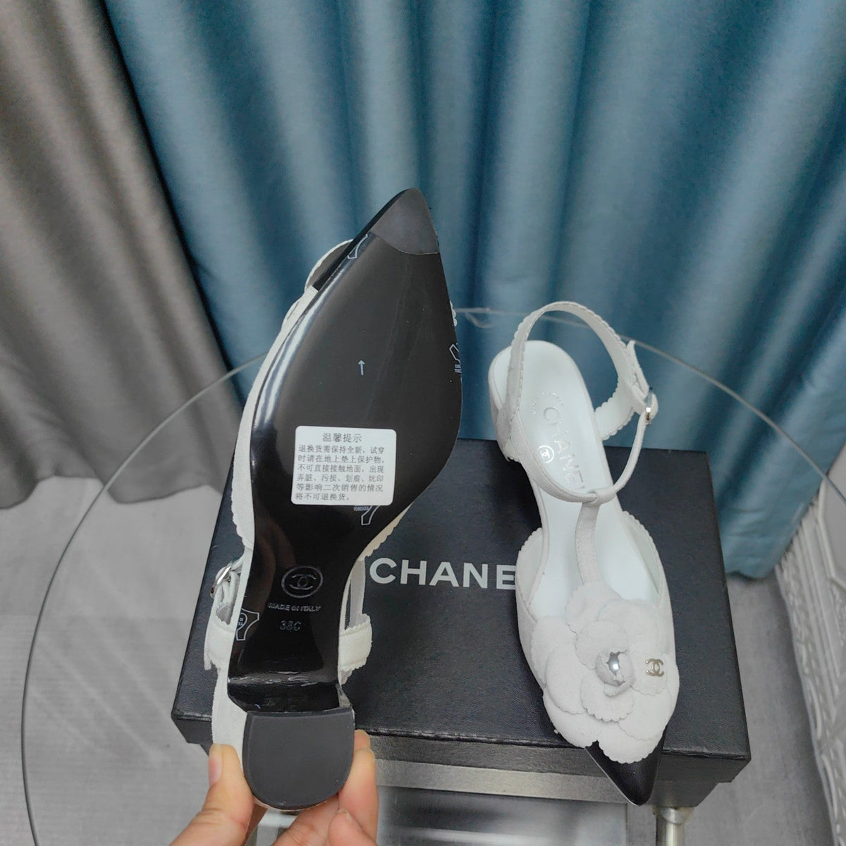 Chanel Camellia Sandal in White Suede and Black Calfskin with Flower