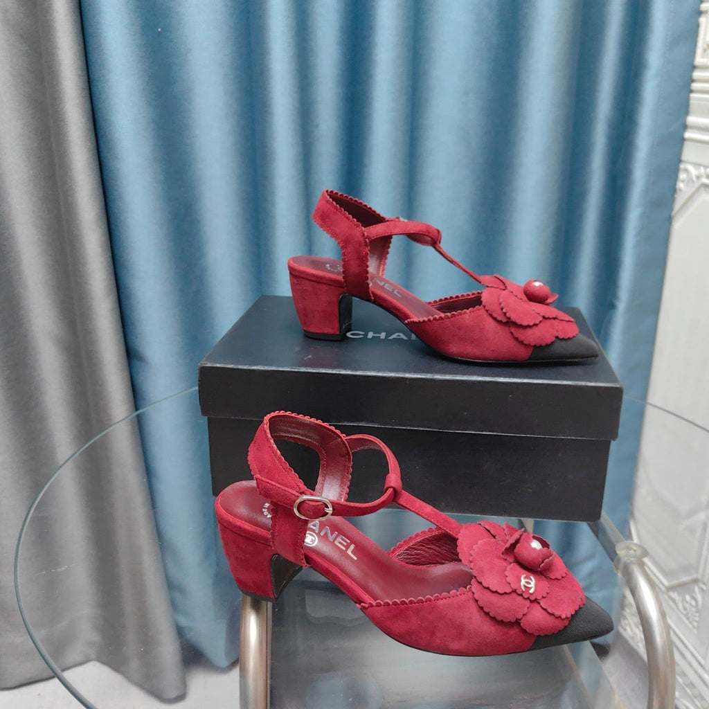 Chanel Camellia Sandal in Cherry Red Suede and Black Calfskin with Flower