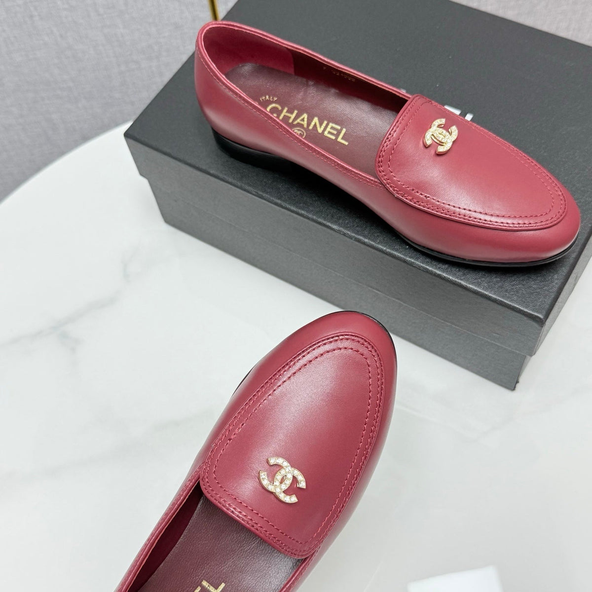 Chanel Loafers 25S in Dark Red Calfskin Gold Hardware with Stones