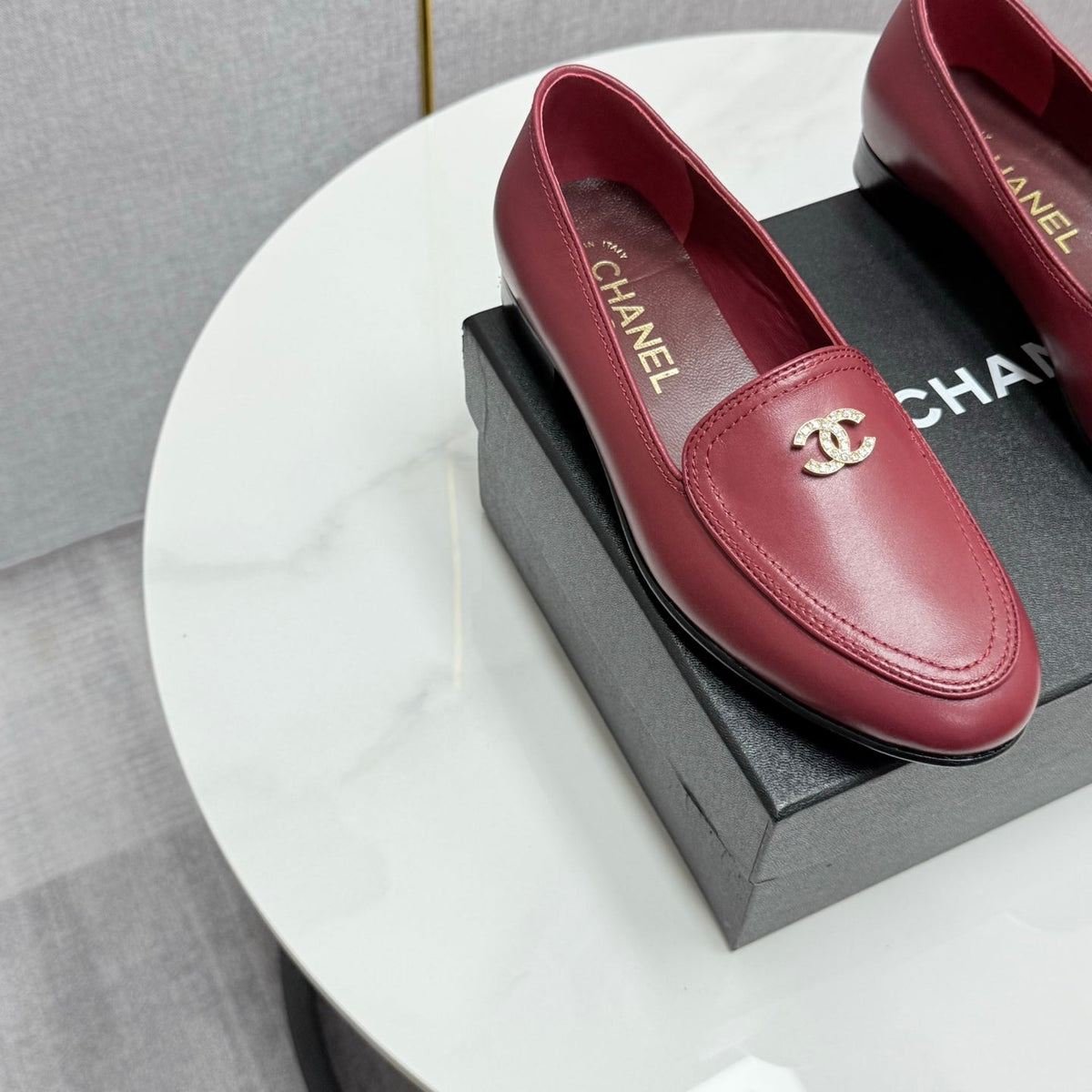 Chanel Loafers 25S in Dark Red Calfskin Gold Hardware with Stones