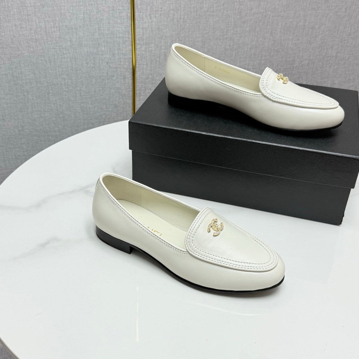 Chanel Loafers 25S in White Calfskin Gold Hardware with Stones