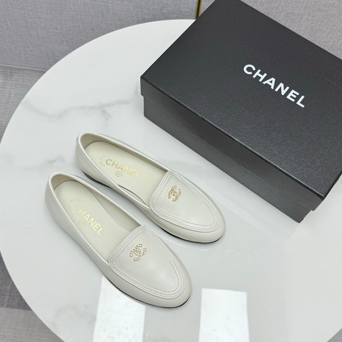 Chanel Loafers 25S in White Calfskin Gold Hardware with Stones
