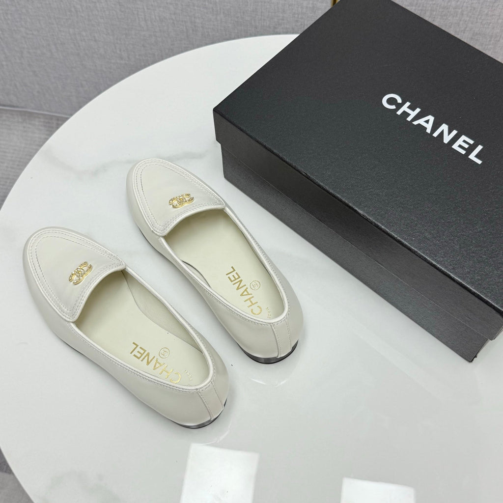 Chanel Loafers 25S in White Calfskin Gold Hardware with Stones