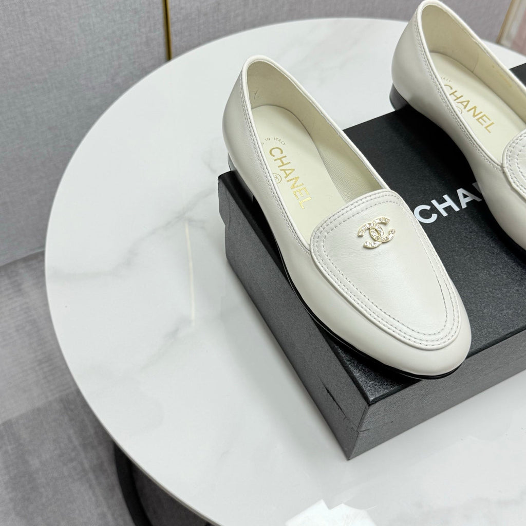 Chanel Loafers 25S in White Calfskin Gold Hardware with Stones