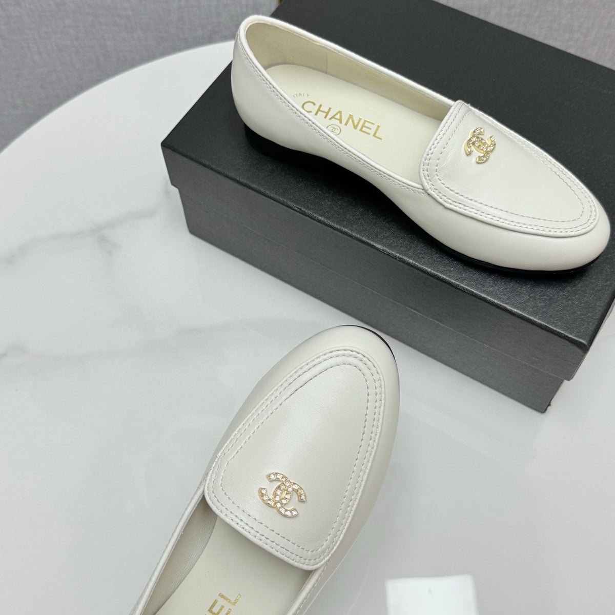 Chanel Loafers 25S in White Calfskin Gold Hardware with Stones