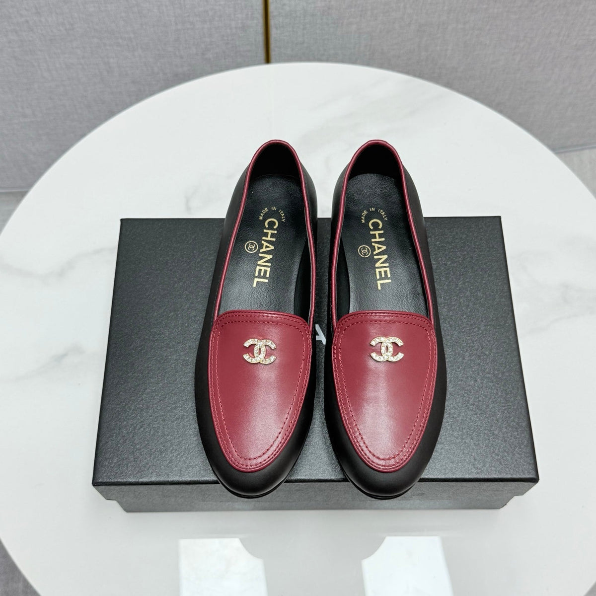 Chanel Loafers 25S in Black Mix Dark Red Calfskin Gold Hardware with Stones