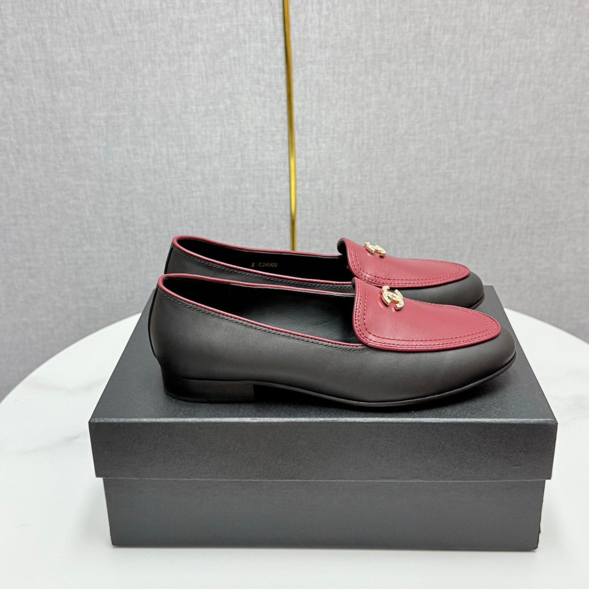 Chanel Loafers 25S in Black Mix Dark Red Calfskin Gold Hardware with Stones