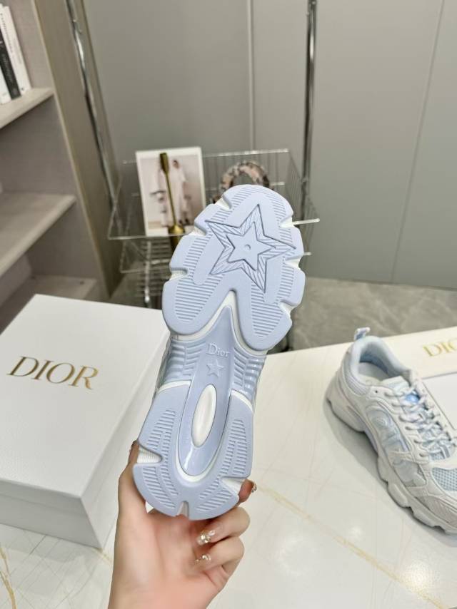 Dior CD Chorono Sneaker in White and Light Blue Mesh