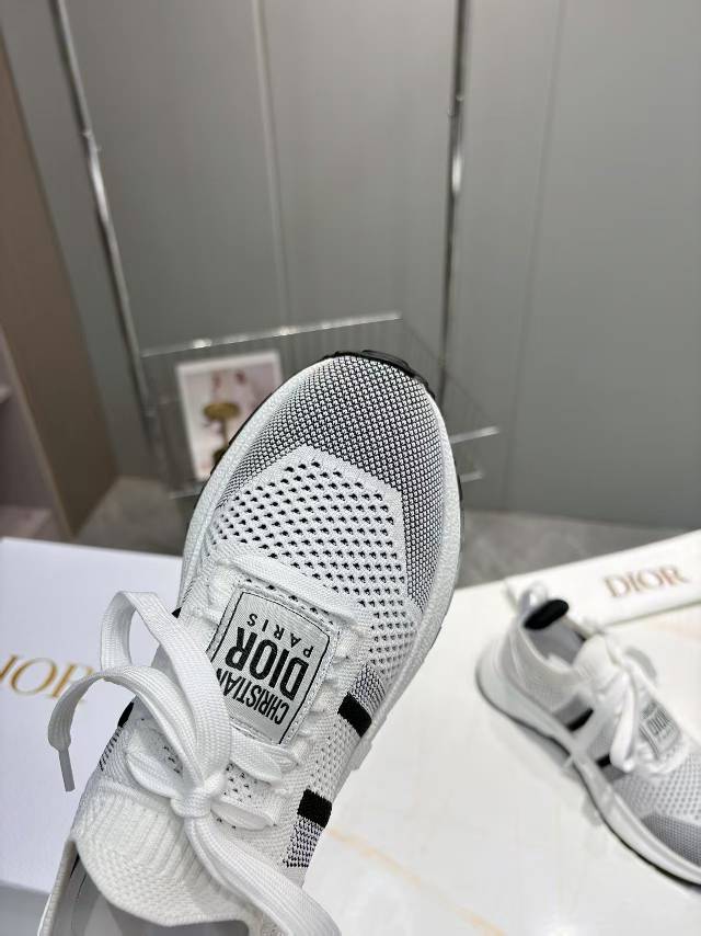 Dior CD Run Sneaker 25S in Black and White Mesh Fabric Two-Tone Sole