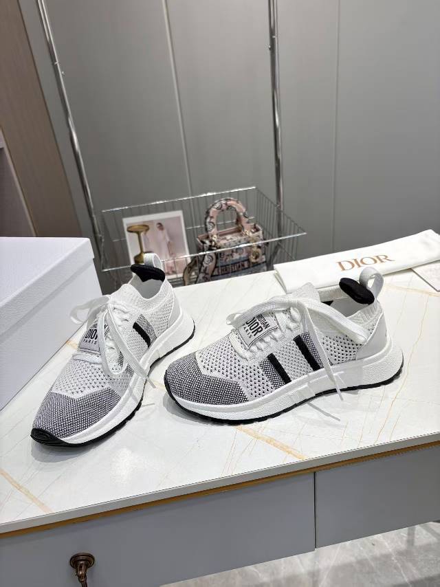 Dior CD Run Sneaker 25S in Black and White Mesh Fabric Two-Tone Sole