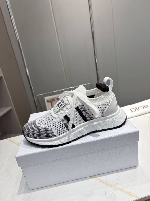 Dior CD Run Sneaker 25S in Black and White Mesh Fabric Two-Tone Sole