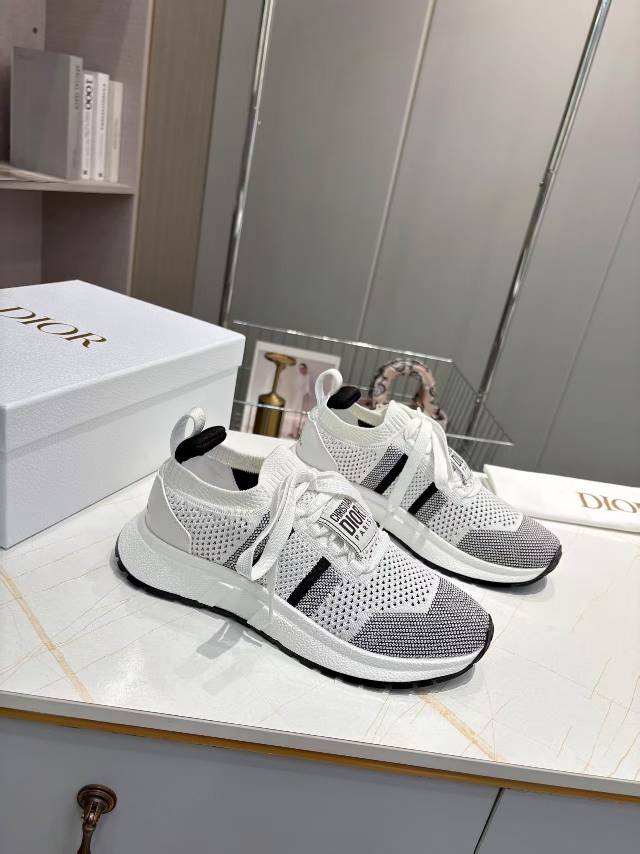 Dior CD Run Sneaker 25S in Black and White Mesh Fabric Two-Tone Sole