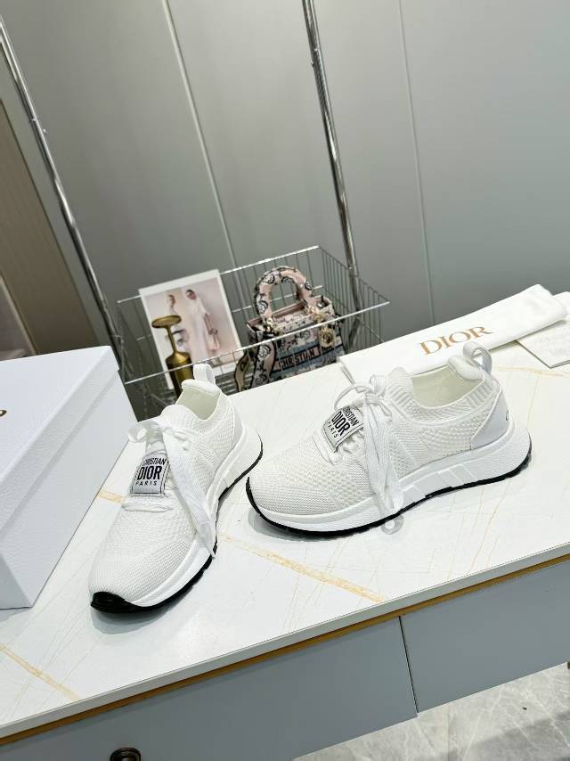 Dior CD Run Sneaker in White Mesh Fabric Two-Tone Sole