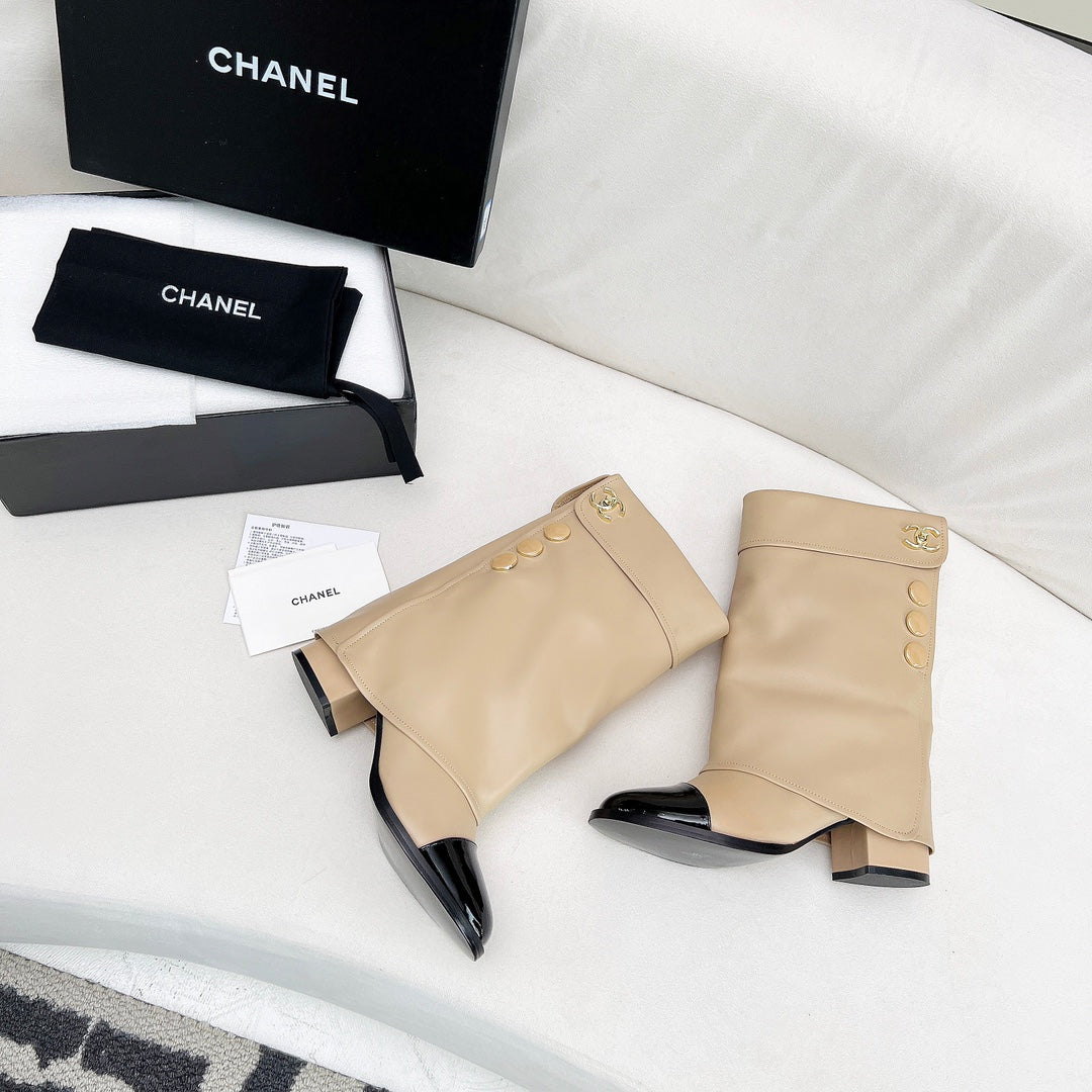 Chanel Short Boots 55 mm in Beige Cream Lambskin with Gold Hardware