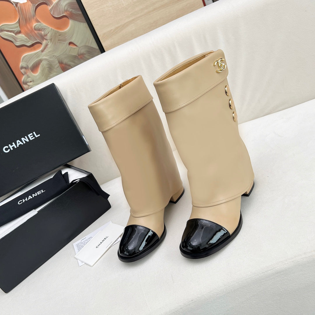 Chanel Short Boots 55 mm in Beige Cream Lambskin with Gold Hardware