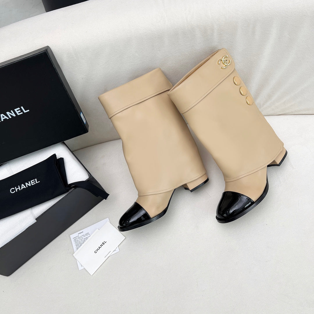 Chanel Short Boots 55 mm in Beige Cream Lambskin with Gold Hardware