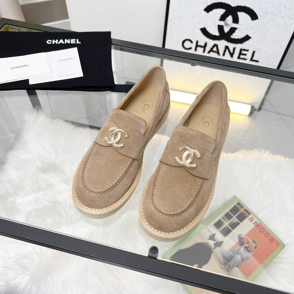 Chanel Pearl Logo Loafers in Cinnamon Brown Suede