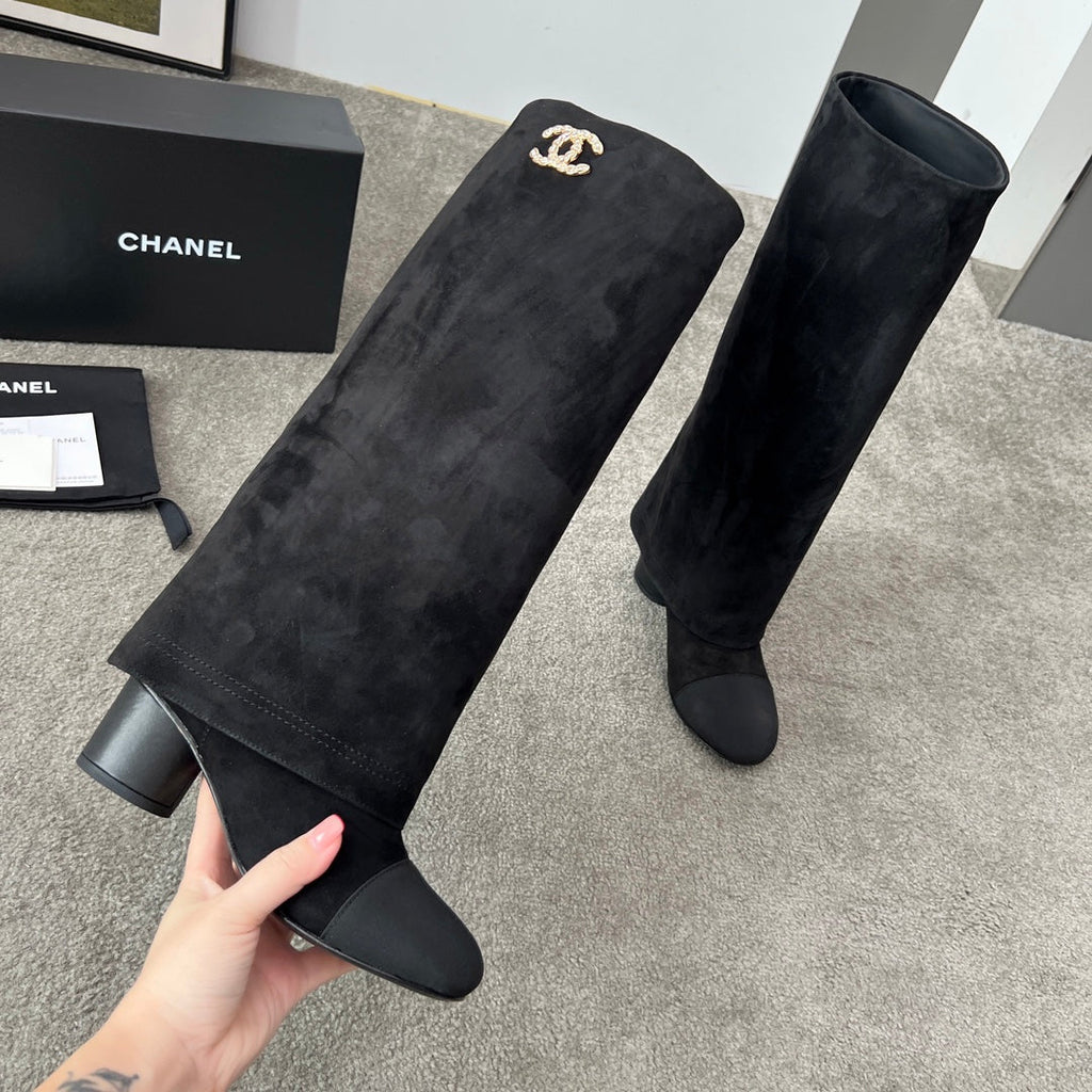 Chanel 25S High Boots 55mm in Black Suede and Canvas Gold Hardwre