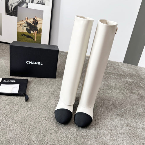 Chanel 25S High Boots 55mm in Ivory Black Calfskin and Canvas Gold Hardware