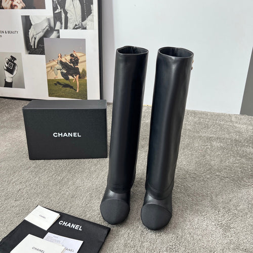 Chanel 25S High Boots 55mm in Black Calfskin and Canvas Gold Hardwre