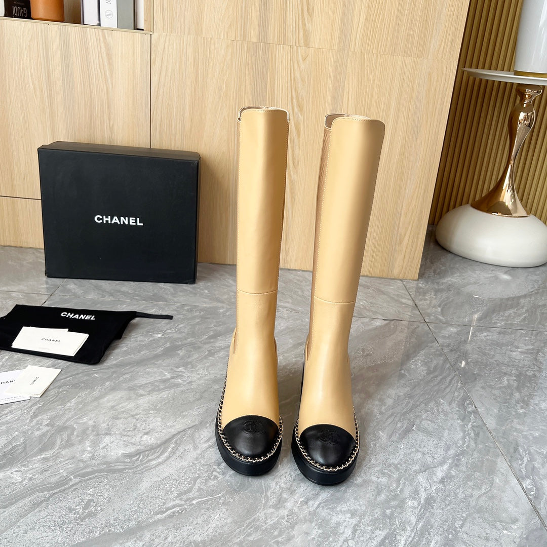 Chanel 25S High Boots Stretchy Shaft 85mm in Light Brown Calfskin Gold Hardwre