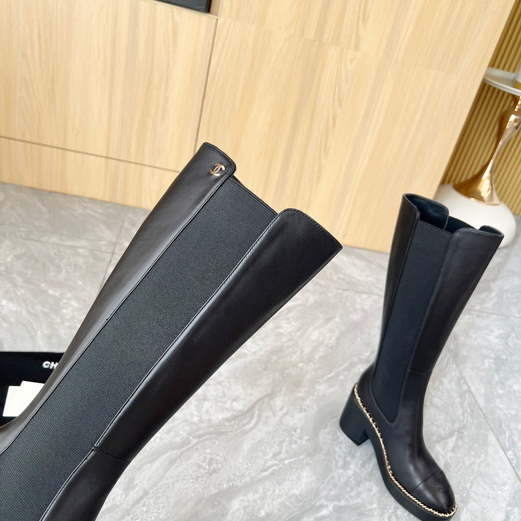 Chanel 25S High Boots Stretchy Shaft 85mm in Black Calfskin Gold Hardware
