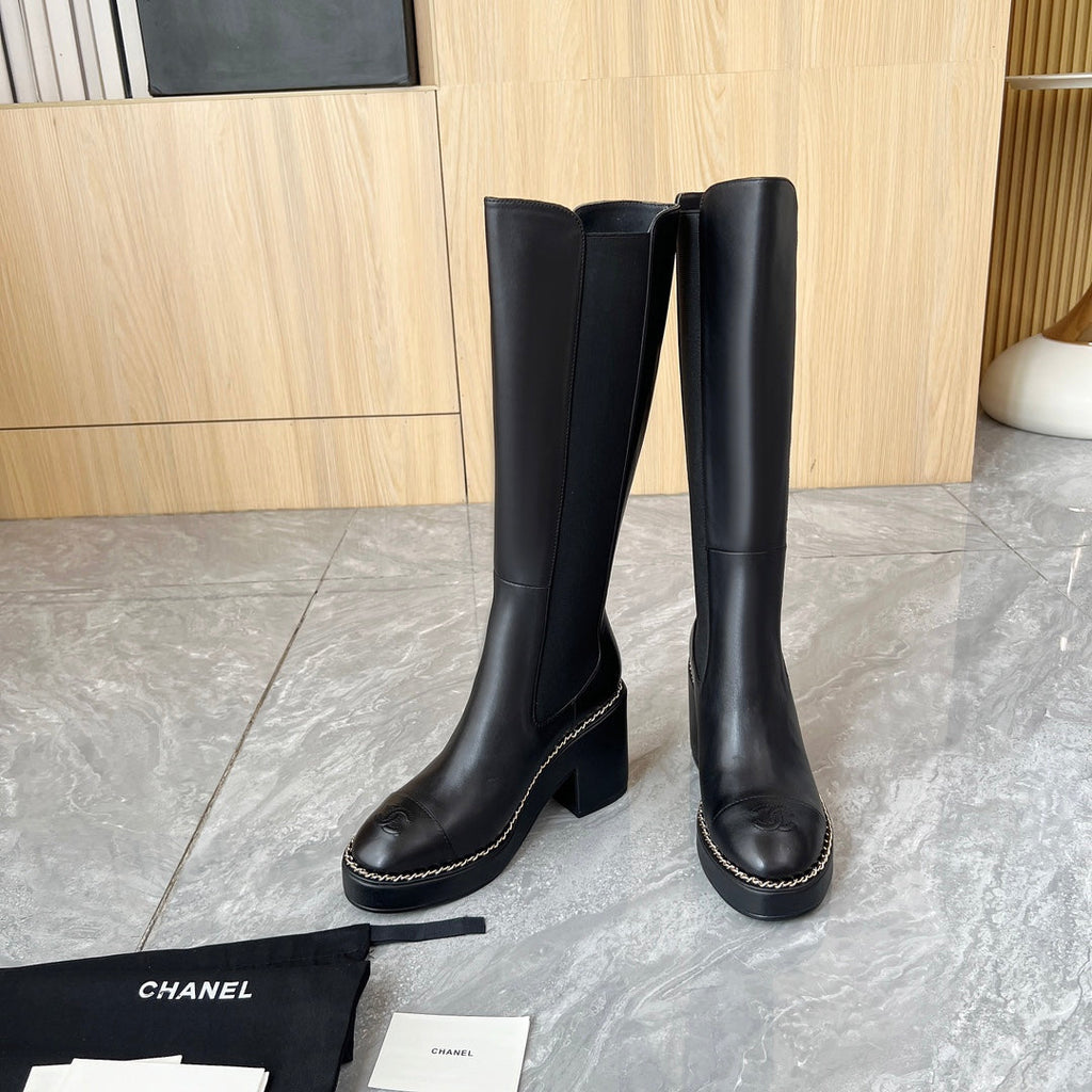 Chanel 25S High Boots Stretchy Shaft 85mm in Black Calfskin Gold Hardware