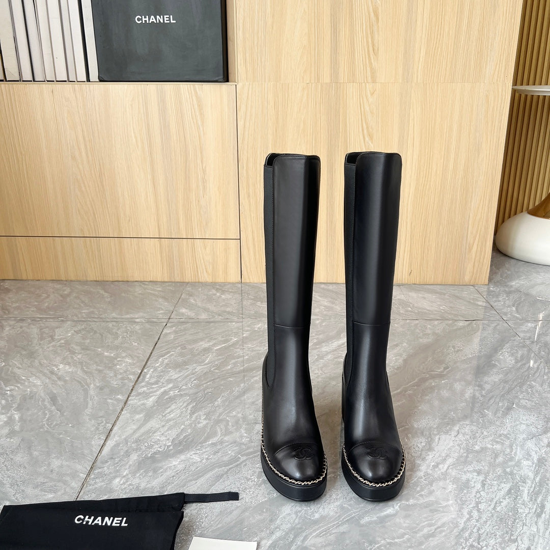 Chanel 25S High Boots Stretchy Shaft 85mm in Black Calfskin Gold Hardware