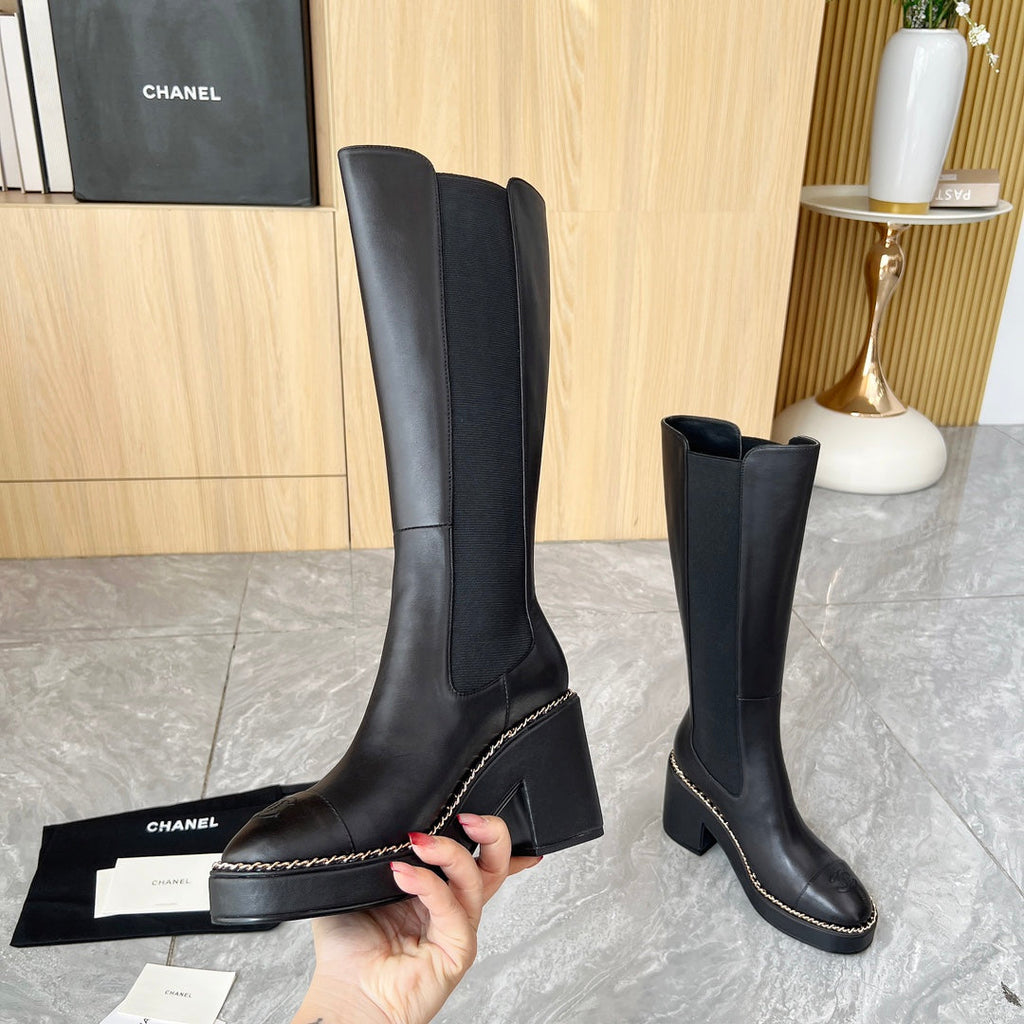 Chanel 25S High Boots Stretchy Shaft 85mm in Black Calfskin Gold Hardware
