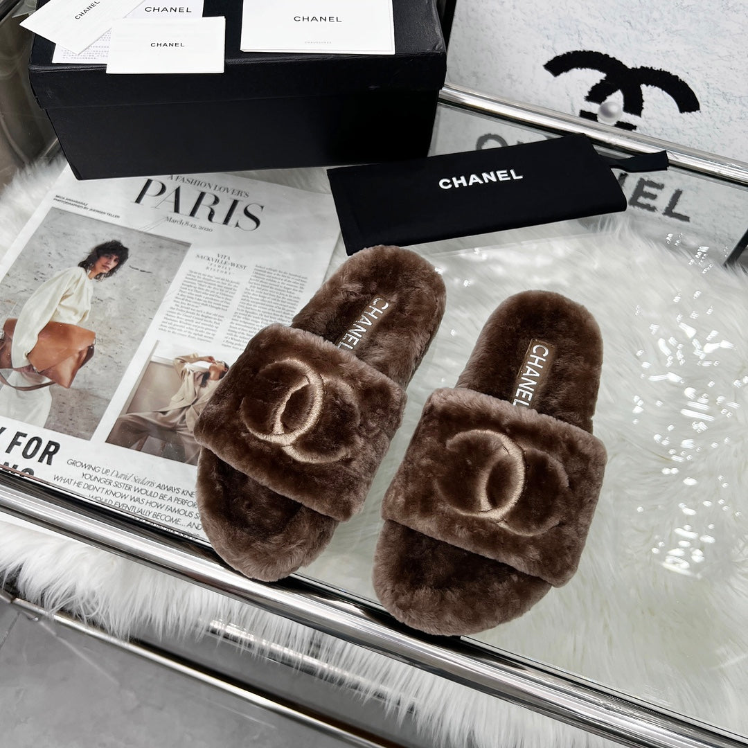 Chanel 25S Fur Slippers in Dark Brown