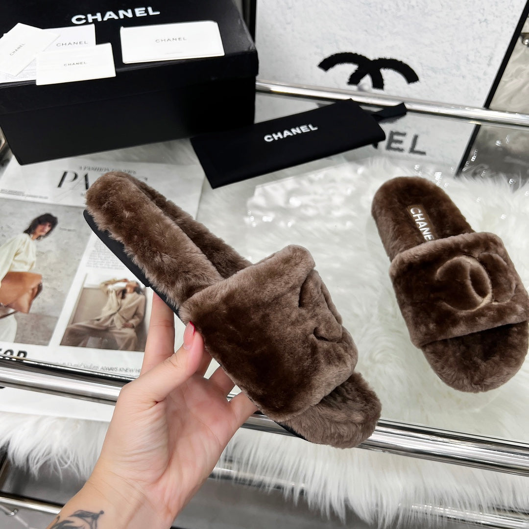 Chanel 25S Fur Slippers in Dark Brown