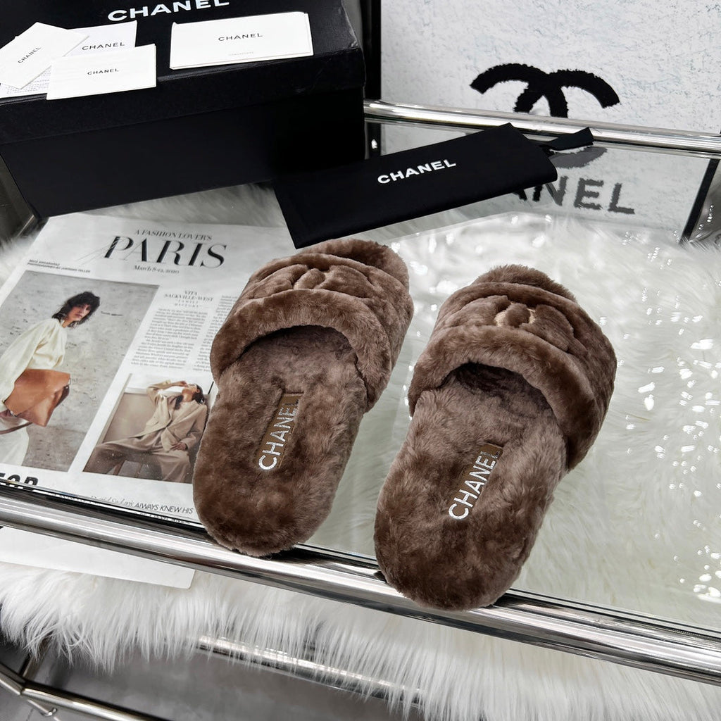 Chanel 25S Fur Slippers in Dark Brown
