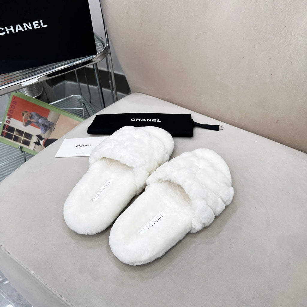 Chanel 25S Fur Slippers with Exposed-Stitch Straps in White